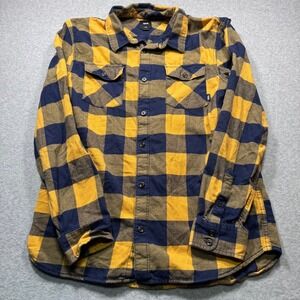 Vans Mens Large Classic Fit Flannel Shirt Yellow Navy Blue Buffalo Plaid Skater